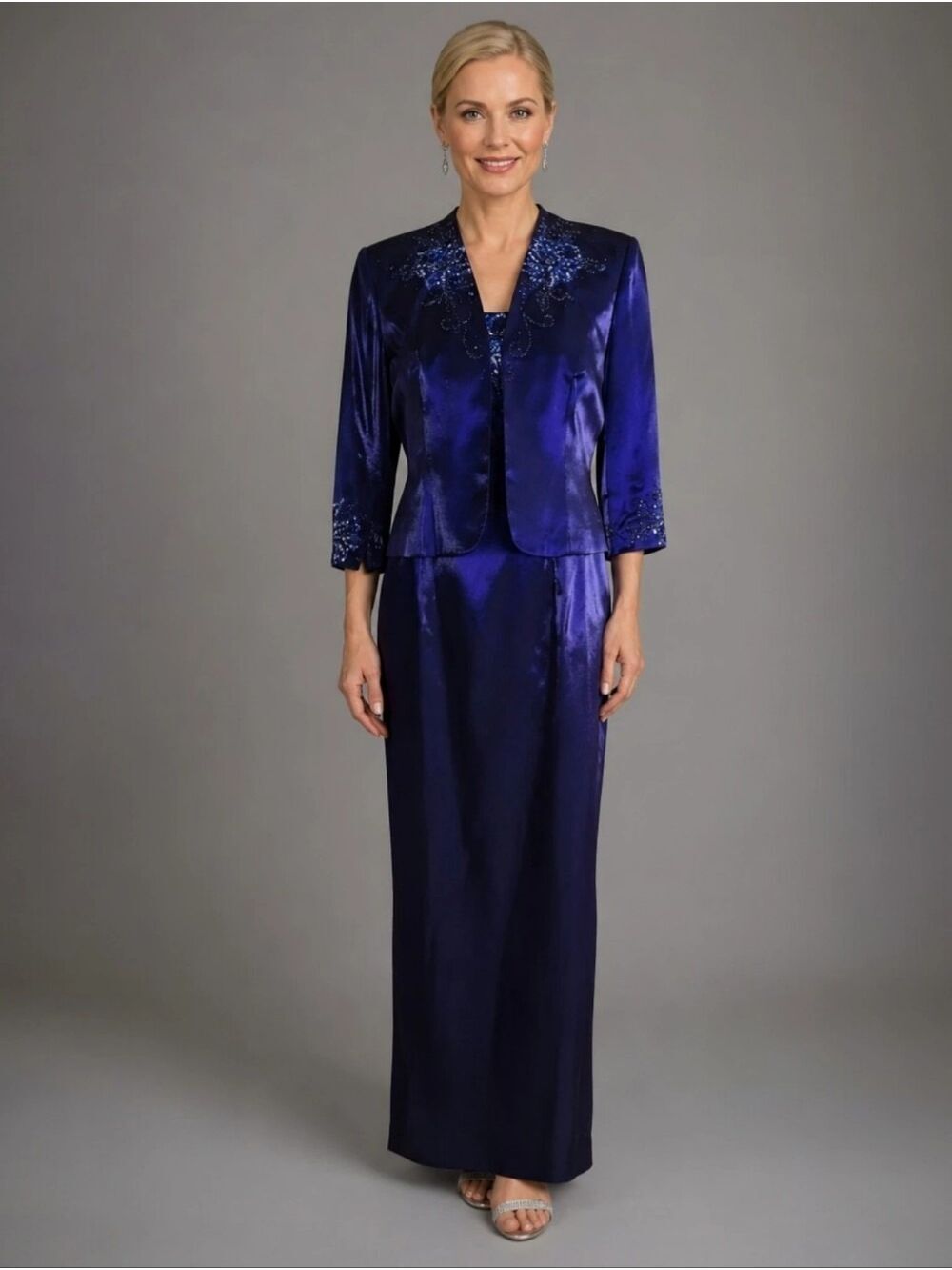 Alex Evenings Sapphire Beaded Jacket & Gown Set Size 10P NWT